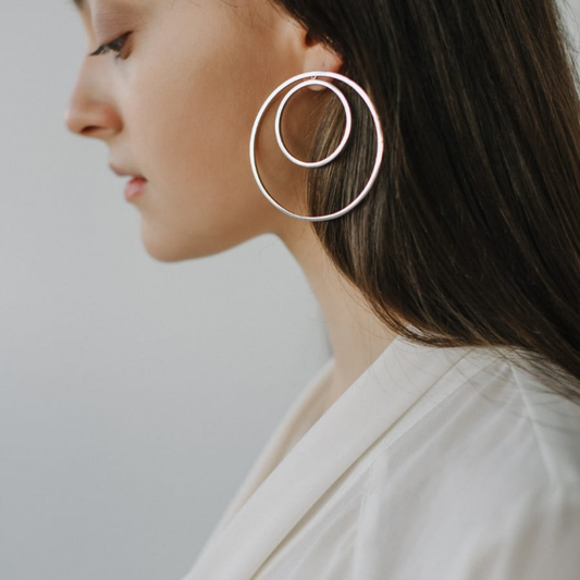 Two Circle Earrings in handmade 925 sterling silver featuring double circular drop design.

