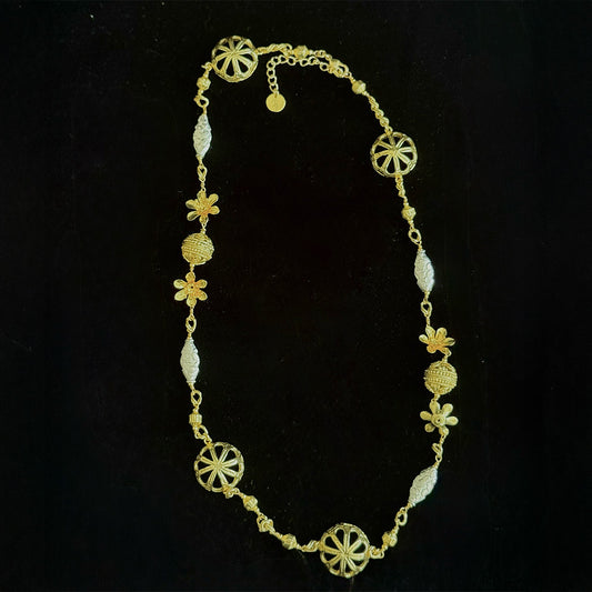 Twotone Necklace in gold and silver with textured links and openwork circular detailing

